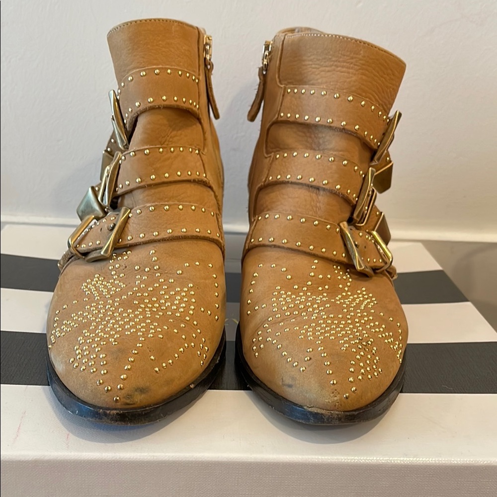Chloe Tan Ankle Boots with Gold Studs